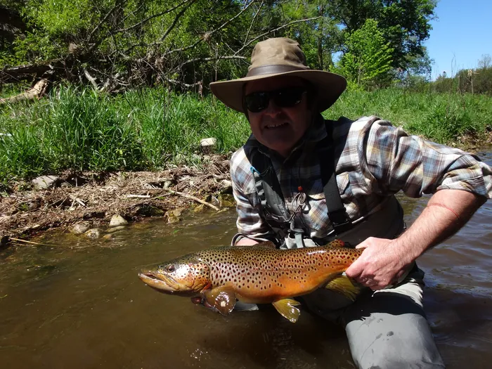 A guided angler in a wide-brim hat holding a brown trout in the shallows