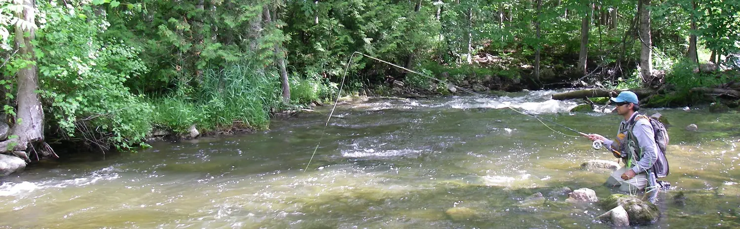 An angler mid-river with a long rod raised, tight-line nymphing